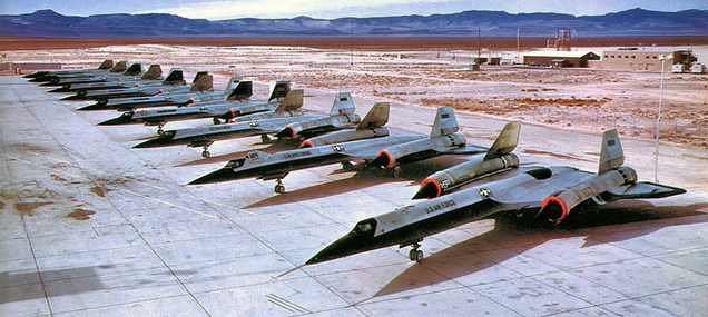 Factory fresh A-12s lined up on the tarmac at the US Air Force Plant 24 in Palmdale, California